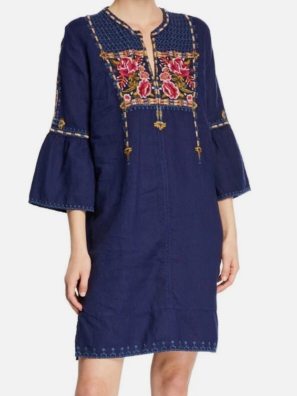 JONNY WAS BOHO-CHIC FLORAL EMBROIDERED LINEN LEIGHT WEIGHT TUNIC DRESS